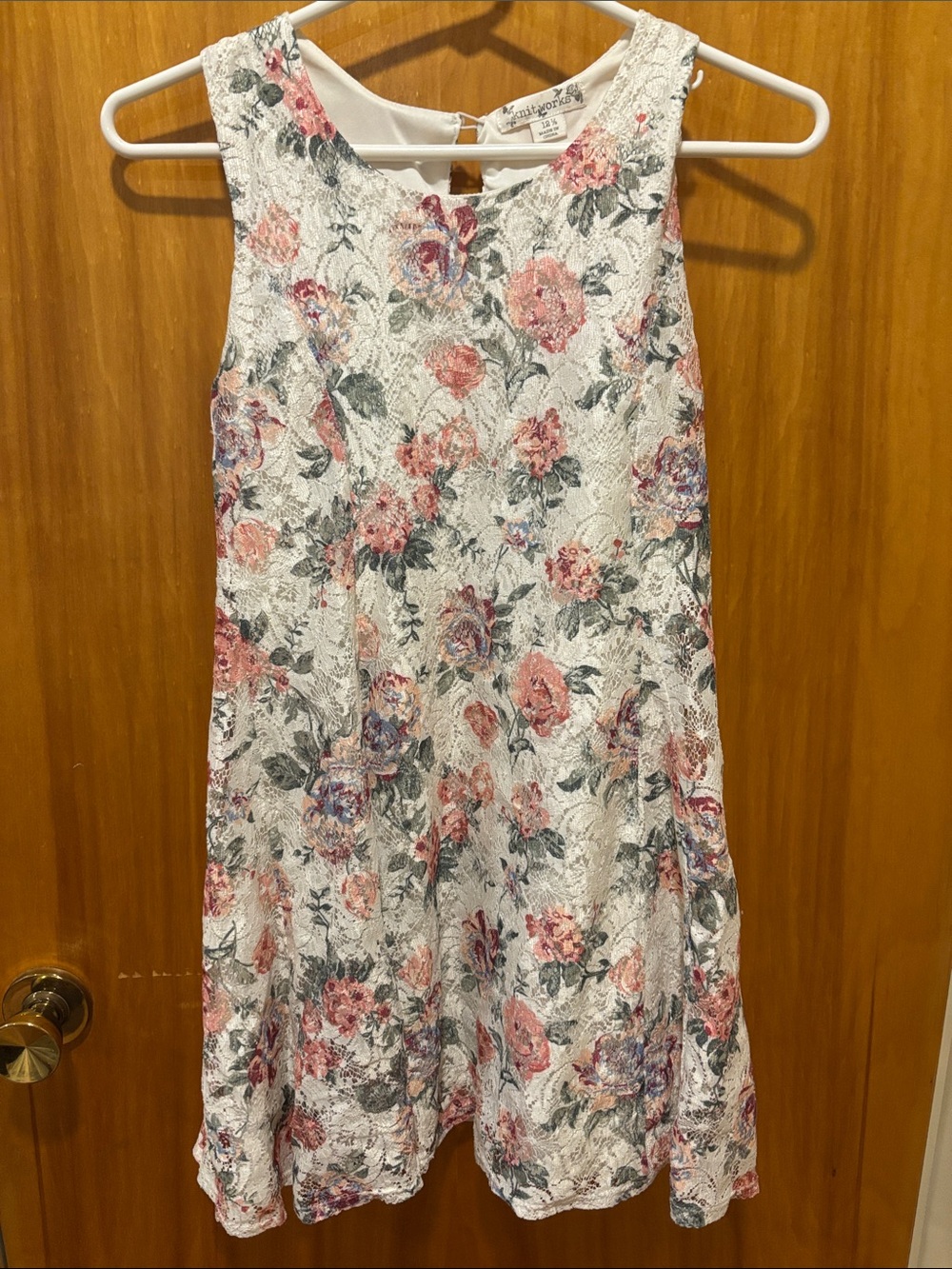 Knitworks White Lace Dress with Pink and Green Floral Print